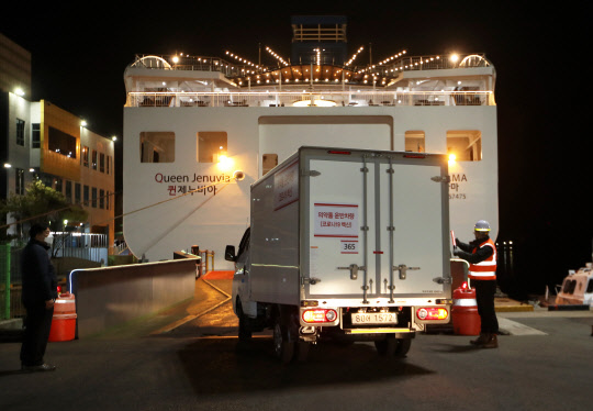 25일 새벽 전남 목포항 국제여객부두에서 아스트라제네카(AZ)의 코로나19 백신을 실은 운송 트럭이 제주행 카페리에 오르고 있다. 연합뉴스